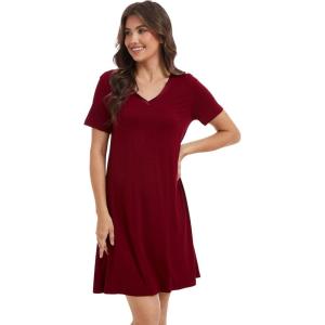 GYS Womens Bamboo Viscose Nightgown, Silky Soft Lightweight Short Sleeve Sleep Dress with Satin V-Neck for Hot Sleepers(Wine)