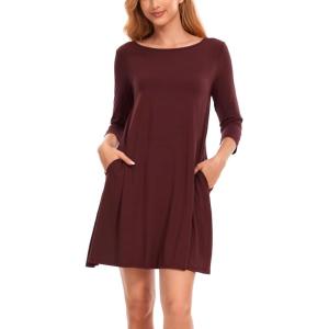 GYS Women’s Nightgowns with Pockets Soft Bamboo Viscose 3/4 Sleeve Nightshirts Sleepwear(Ficus Red)