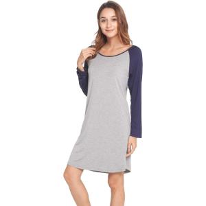 LazyCozy Womens Long Sleeve Nightgowns Viscose from Bamboo Sleepwear Soft Nightshirt Lightweight Sleep Dress(Heather Grey/Navy)