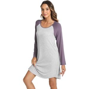 LazyCozy Womens Long Sleeve Nightgowns Viscose from Bamboo Sleepwear Soft Nightshirt Lightweight Sleep Dress(Light Heather Grey/Violet)