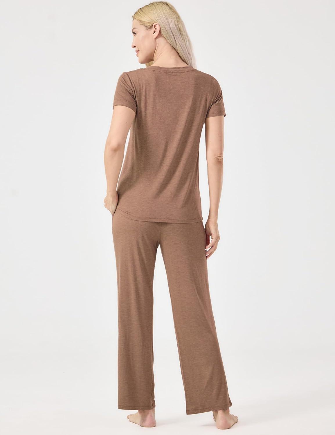 imageGYS Womens Bamboo Viscose Pajamas Set Super Soft Short Sleeve Top and Pants Pj Sleepwear SetsCamel