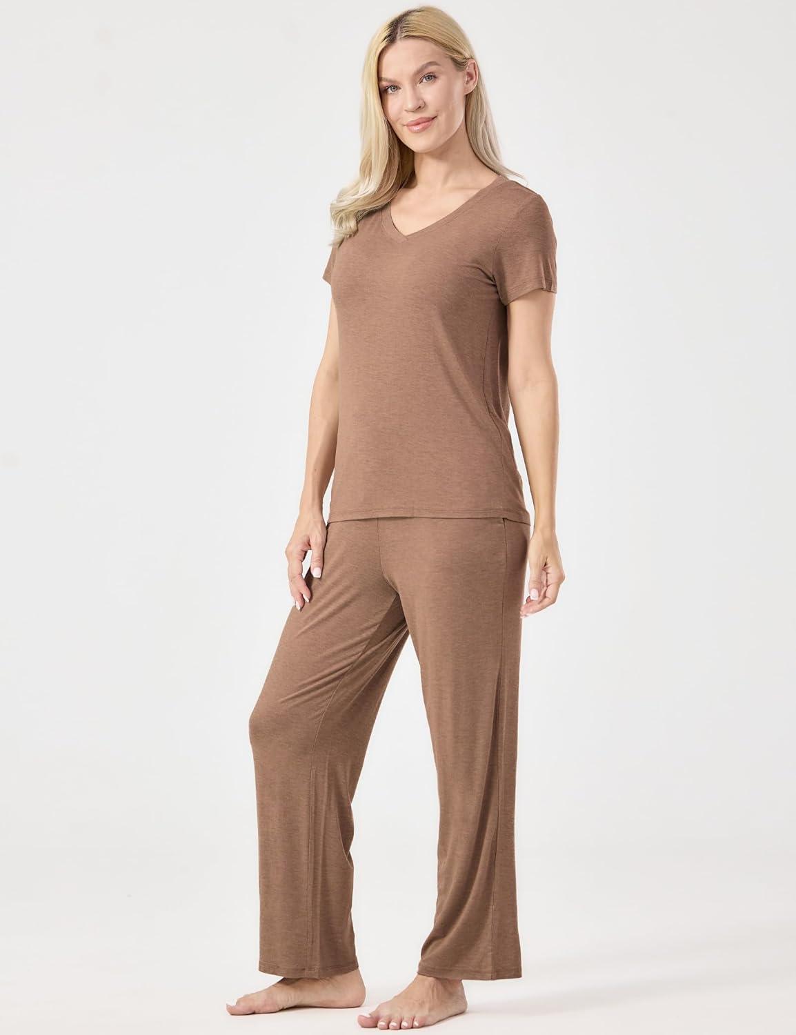 imageGYS Womens Bamboo Viscose Pajamas Set Super Soft Short Sleeve Top and Pants Pj Sleepwear SetsCamel