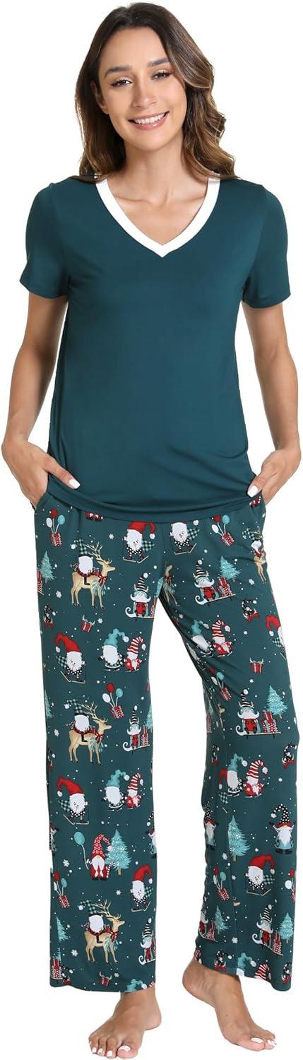 imageGYS Womens Bamboo Viscose Pajamas Set Super Soft Short Sleeve Top and Pants Pj Sleepwear SetsChristmas Green