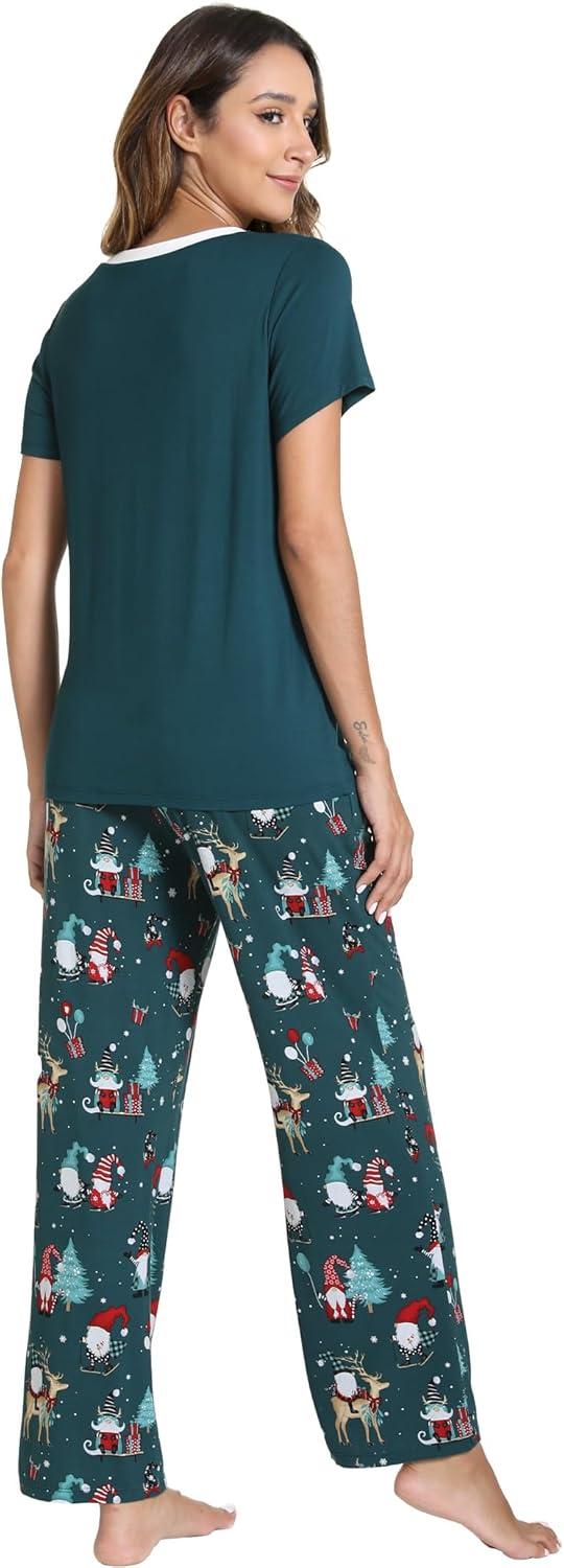 imageGYS Womens Bamboo Viscose Pajamas Set Super Soft Short Sleeve Top and Pants Pj Sleepwear SetsChristmas Green