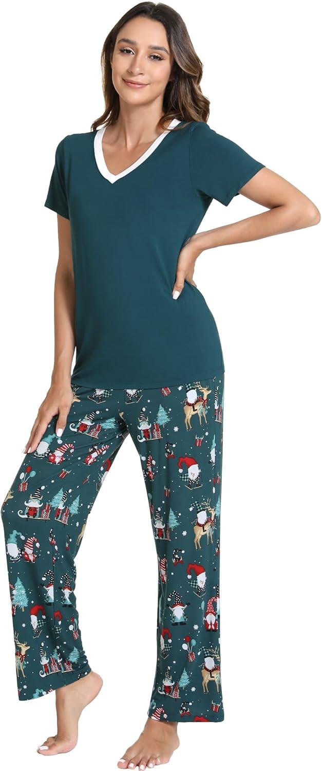 imageGYS Womens Bamboo Viscose Pajamas Set Super Soft Short Sleeve Top and Pants Pj Sleepwear SetsChristmas Green