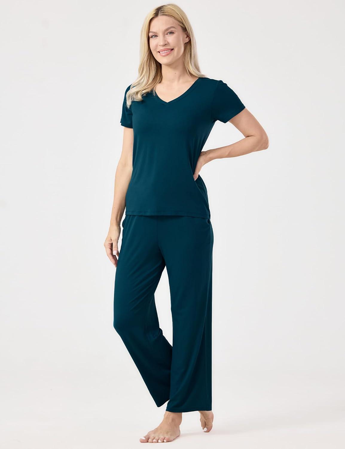 imageGYS Womens Bamboo Viscose Pajamas Set Super Soft Short Sleeve Top and Pants Pj Sleepwear SetsLyons Blue