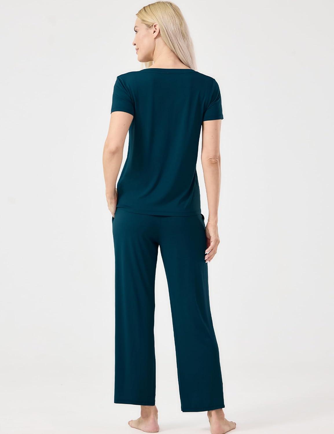 imageGYS Womens Bamboo Viscose Pajamas Set Super Soft Short Sleeve Top and Pants Pj Sleepwear SetsLyons Blue