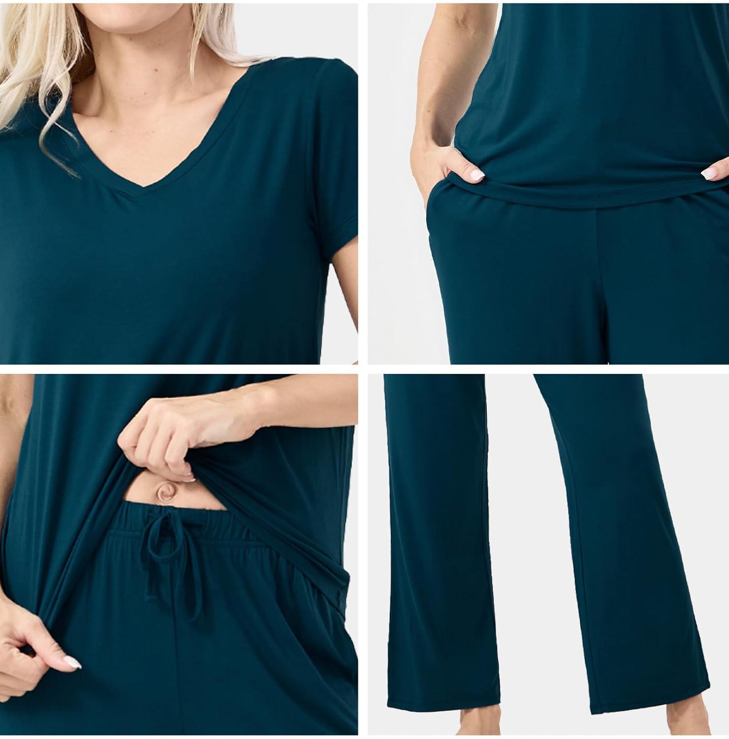 imageGYS Womens Bamboo Viscose Pajamas Set Super Soft Short Sleeve Top and Pants Pj Sleepwear SetsLyons Blue