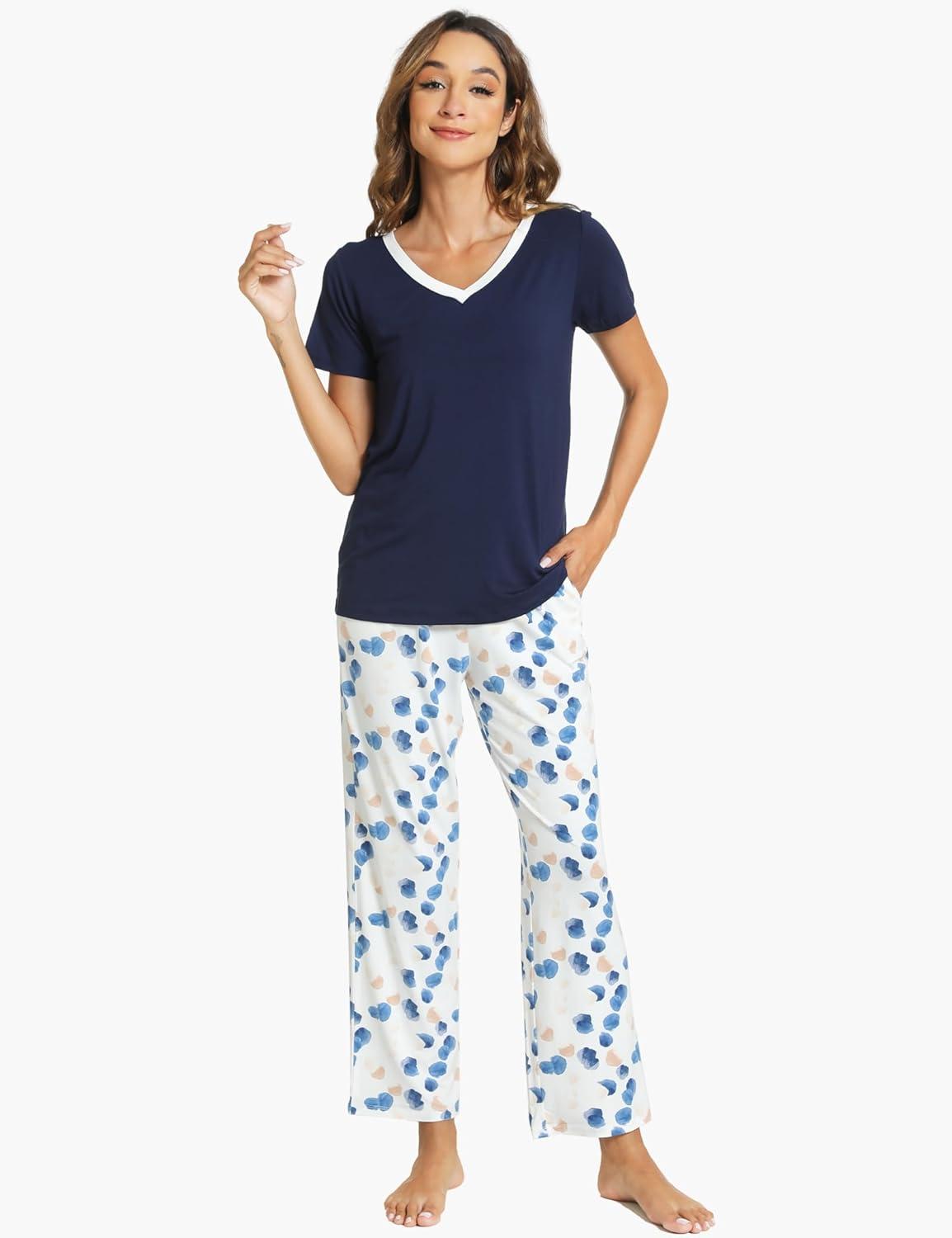 imageGYS Womens Bamboo Viscose Pajamas Set Super Soft Short Sleeve Top and Pants Pj Sleepwear SetsNavy
