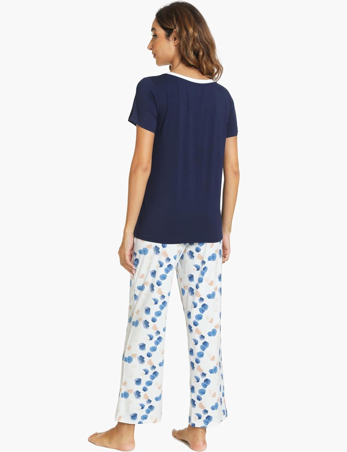 imageGYS Womens Bamboo Viscose Pajamas Set Super Soft Short Sleeve Top and Pants Pj Sleepwear SetsNavy