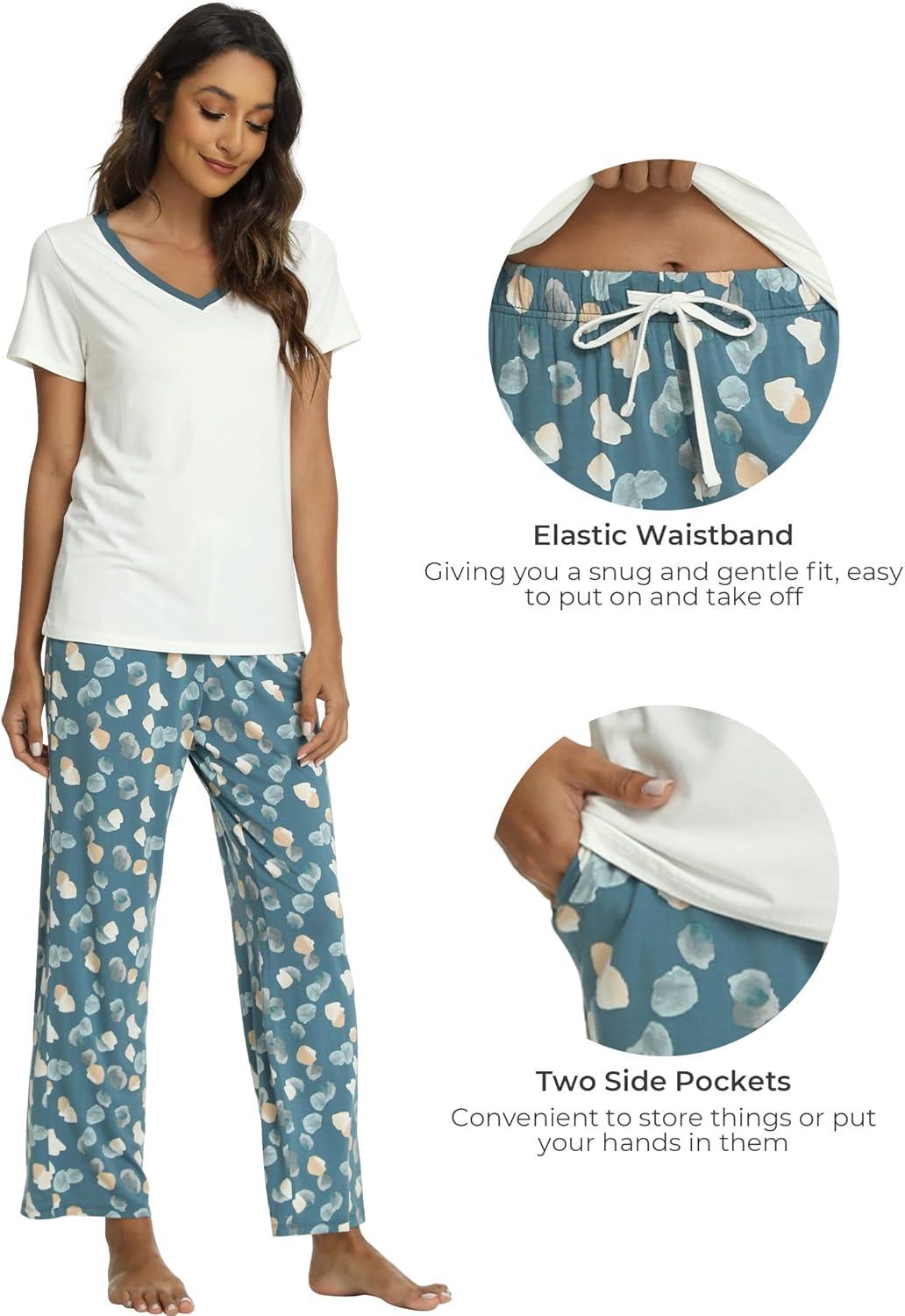 imageGYS Womens Bamboo Viscose Pajamas Set Super Soft Short Sleeve Top and Pants Pj Sleepwear SetsWhite