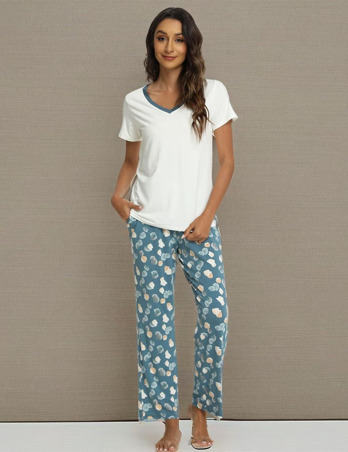 imageGYS Womens Bamboo Viscose Pajamas Set Super Soft Short Sleeve Top and Pants Pj Sleepwear SetsWhite