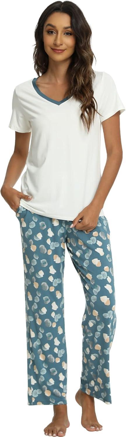 imageGYS Womens Bamboo Viscose Pajamas Set Super Soft Short Sleeve Top and Pants Pj Sleepwear SetsWhite