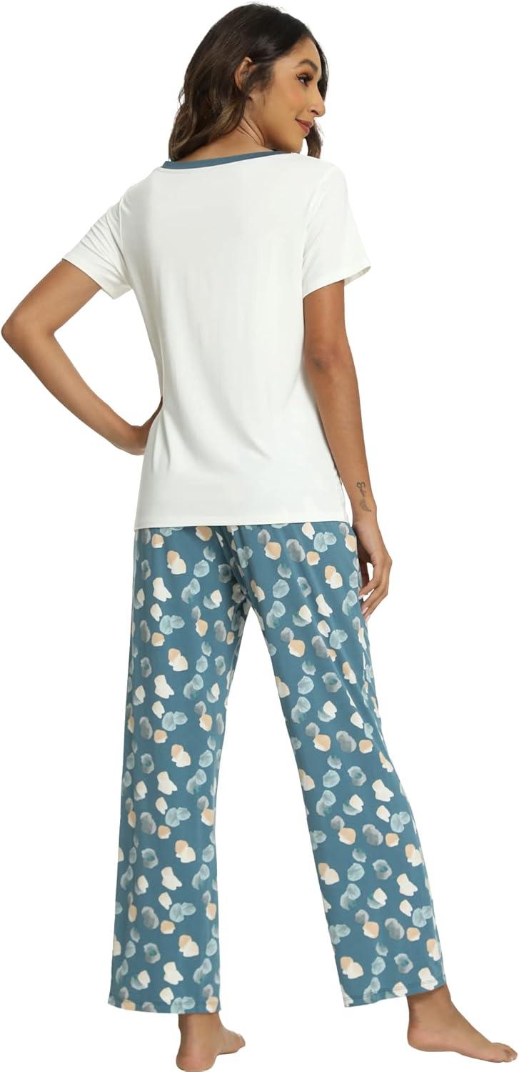 imageGYS Womens Bamboo Viscose Pajamas Set Super Soft Short Sleeve Top and Pants Pj Sleepwear SetsWhite