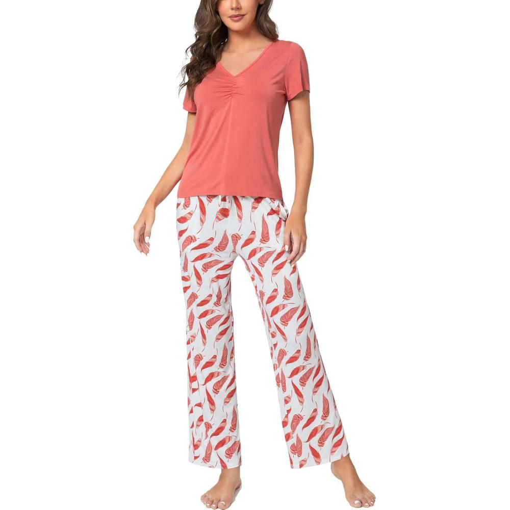 imageGYS Womens Bamboo Viscose Pajamas Set Super Soft Short Sleeve Top and Pants Pj Sleepwear SetsBgrapefruit Red