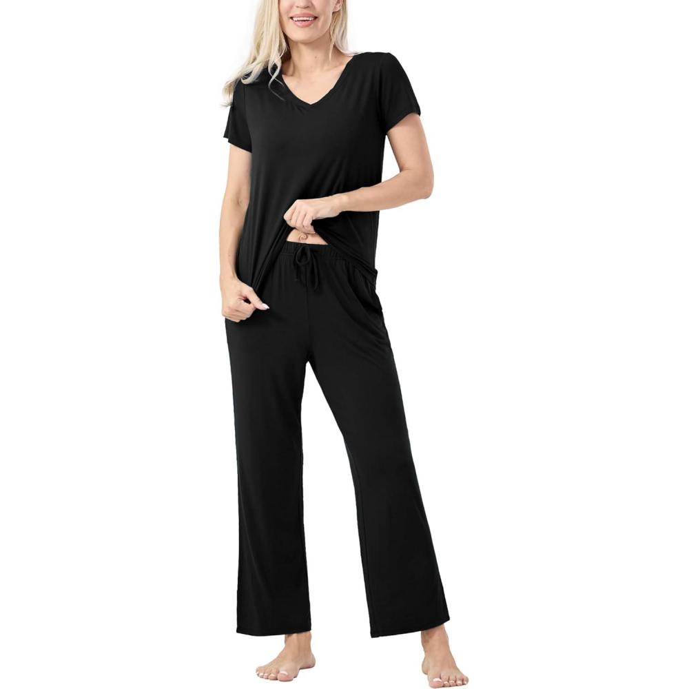imageGYS Womens Bamboo Viscose Pajamas Set Super Soft Short Sleeve Top and Pants Pj Sleepwear SetsBlack