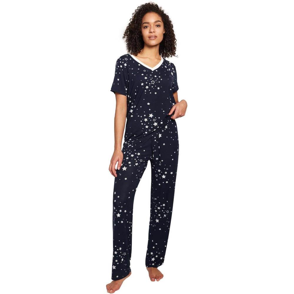 imageGYS Womens Bamboo Viscose Pajamas Set Super Soft Short Sleeve Top and Pants Pj Sleepwear SetsBlue Stars