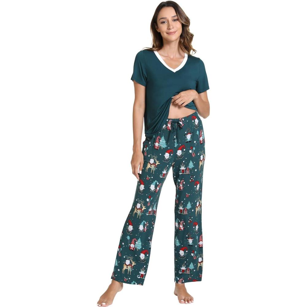 imageGYS Womens Bamboo Viscose Pajamas Set Super Soft Short Sleeve Top and Pants Pj Sleepwear SetsChristmas Green