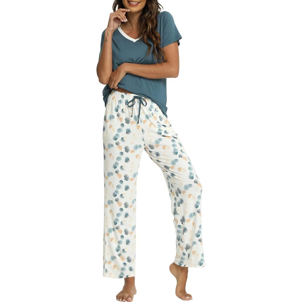 imageGYS Womens Bamboo Viscose Pajamas Set Super Soft Short Sleeve Top and Pants Pj Sleepwear SetsGreen