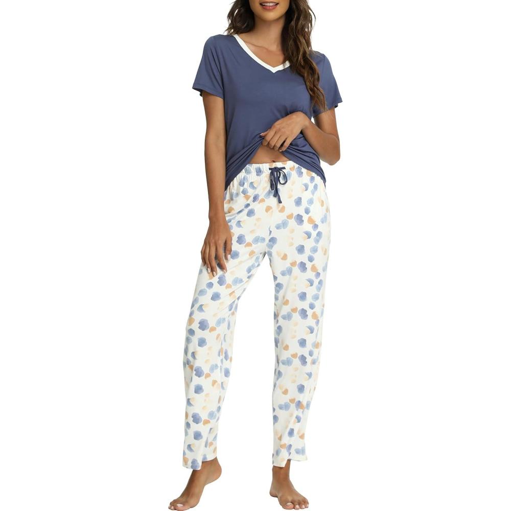 imageGYS Womens Bamboo Viscose Pajamas Set Super Soft Short Sleeve Top and Pants Pj Sleepwear SetsIndigo Blue