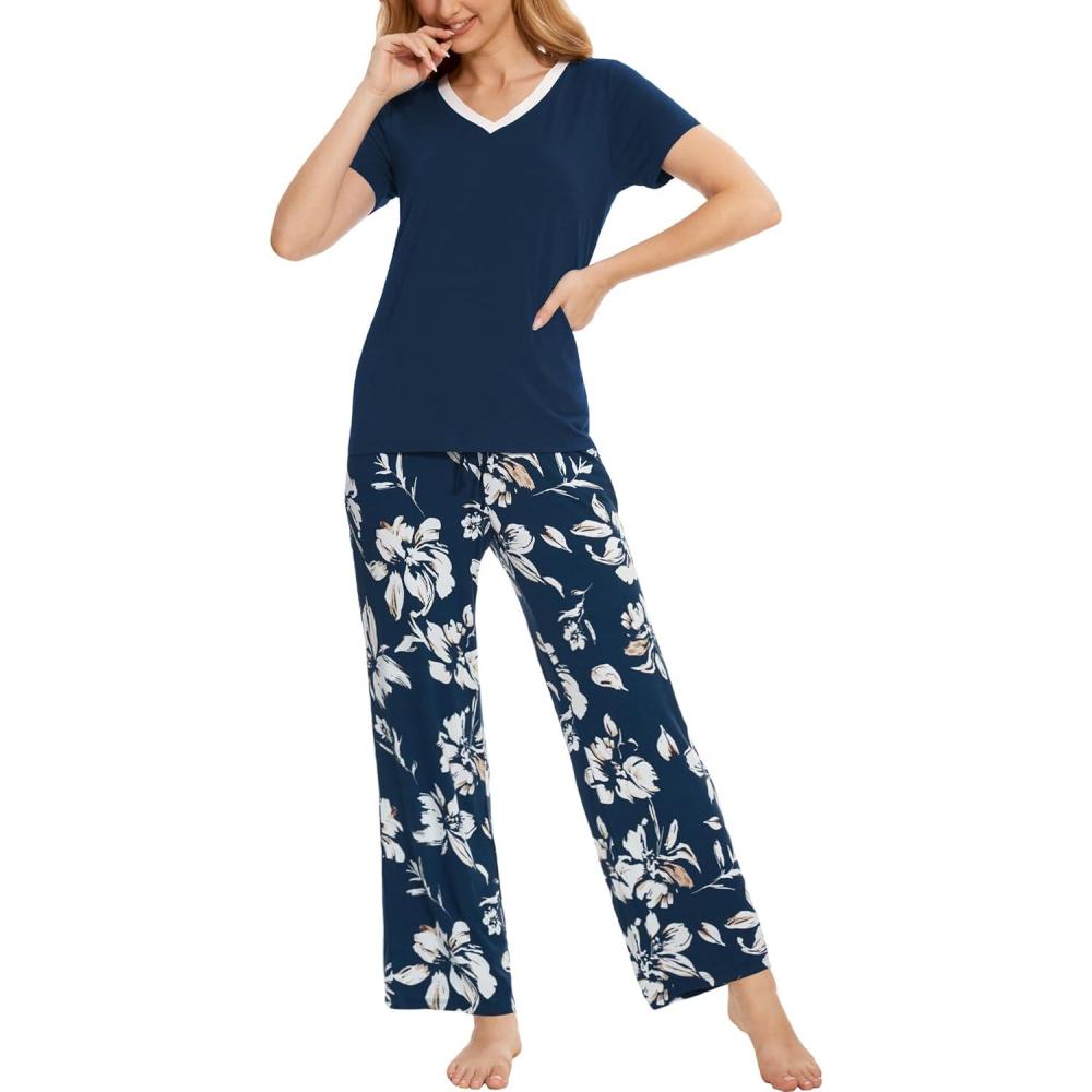 imageGYS Womens Bamboo Viscose Pajamas Set Super Soft Short Sleeve Top and Pants Pj Sleepwear SetsInk Blue Flowers