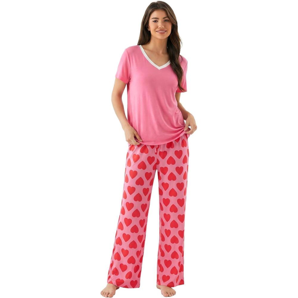 imageGYS Womens Bamboo Viscose Pajamas Set Super Soft Short Sleeve Top and Pants Pj Sleepwear SetsPink Heart