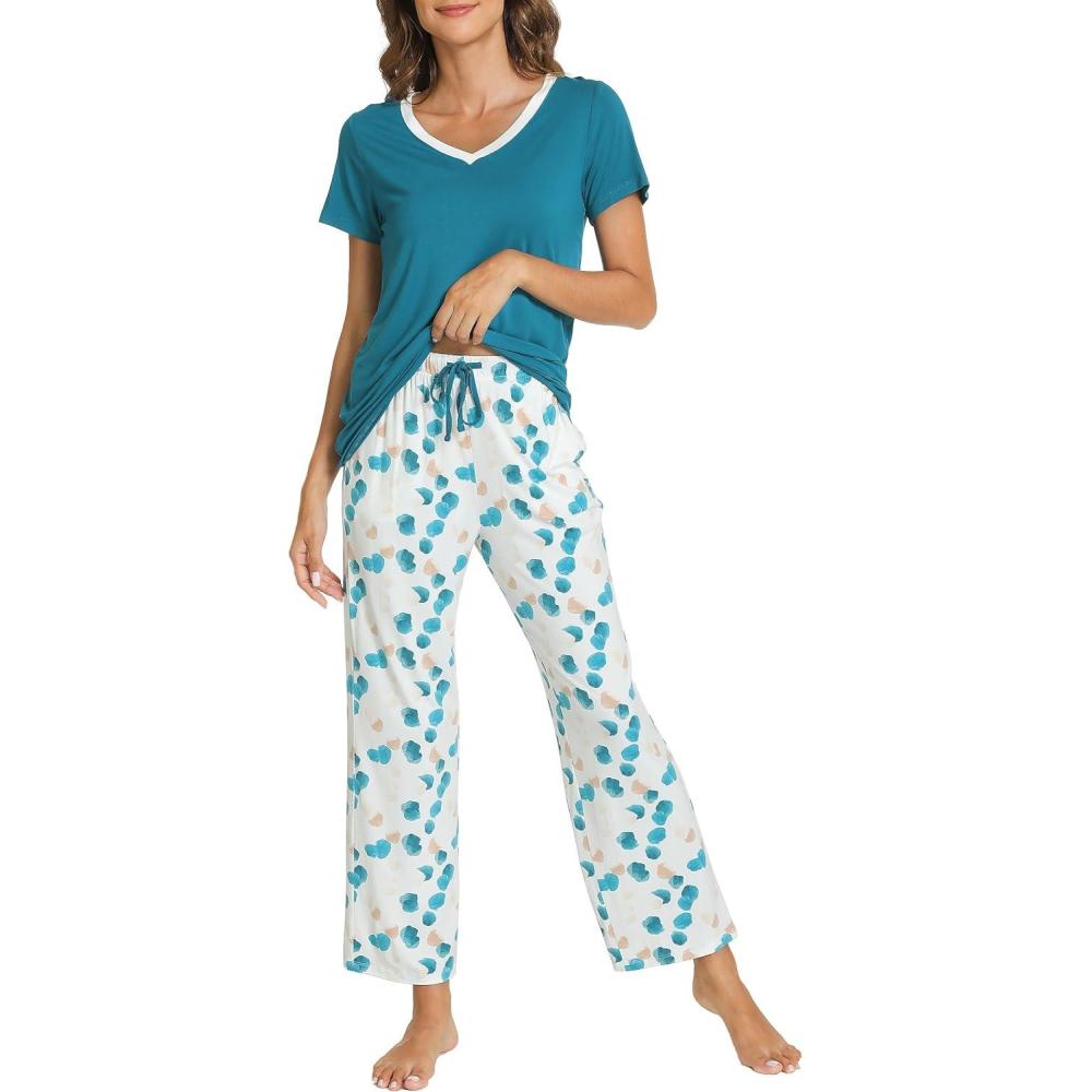 imageGYS Womens Bamboo Viscose Pajamas Set Super Soft Short Sleeve Top and Pants Pj Sleepwear SetsTeal Blue