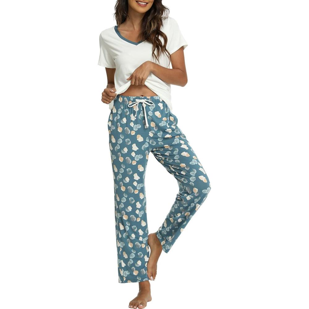 imageGYS Womens Bamboo Viscose Pajamas Set Super Soft Short Sleeve Top and Pants Pj Sleepwear SetsWhite