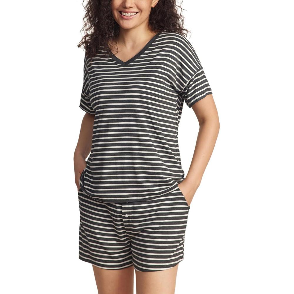 imageLazyCozy Striped Pajama Set for Women Viscose Made from Bamboo Short Sleeve Shirt with Sleep Shorts Soft PJ SetCharcoal Stripe
