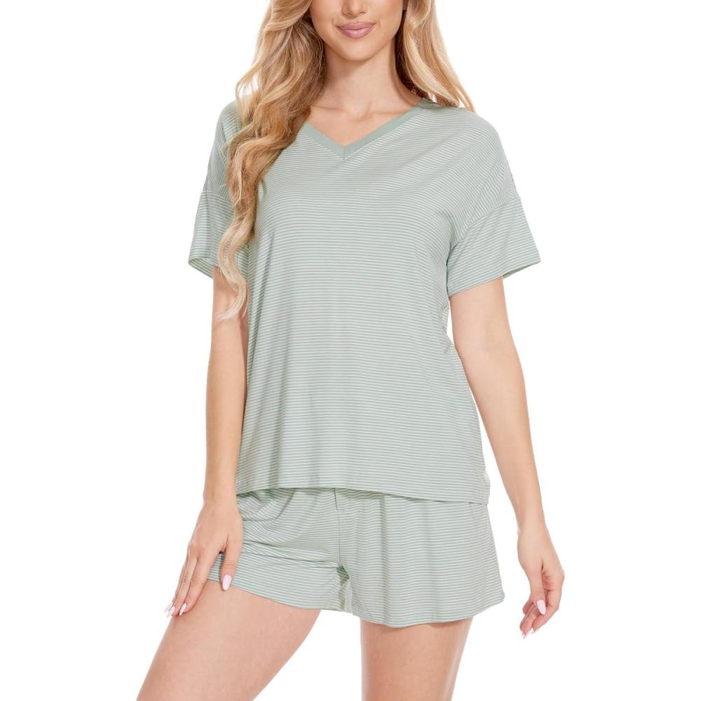 imageLazyCozy Striped Pajama Set for Women Viscose Made from Bamboo Short Sleeve Shirt with Sleep Shorts Soft PJ SetGreen Stripe