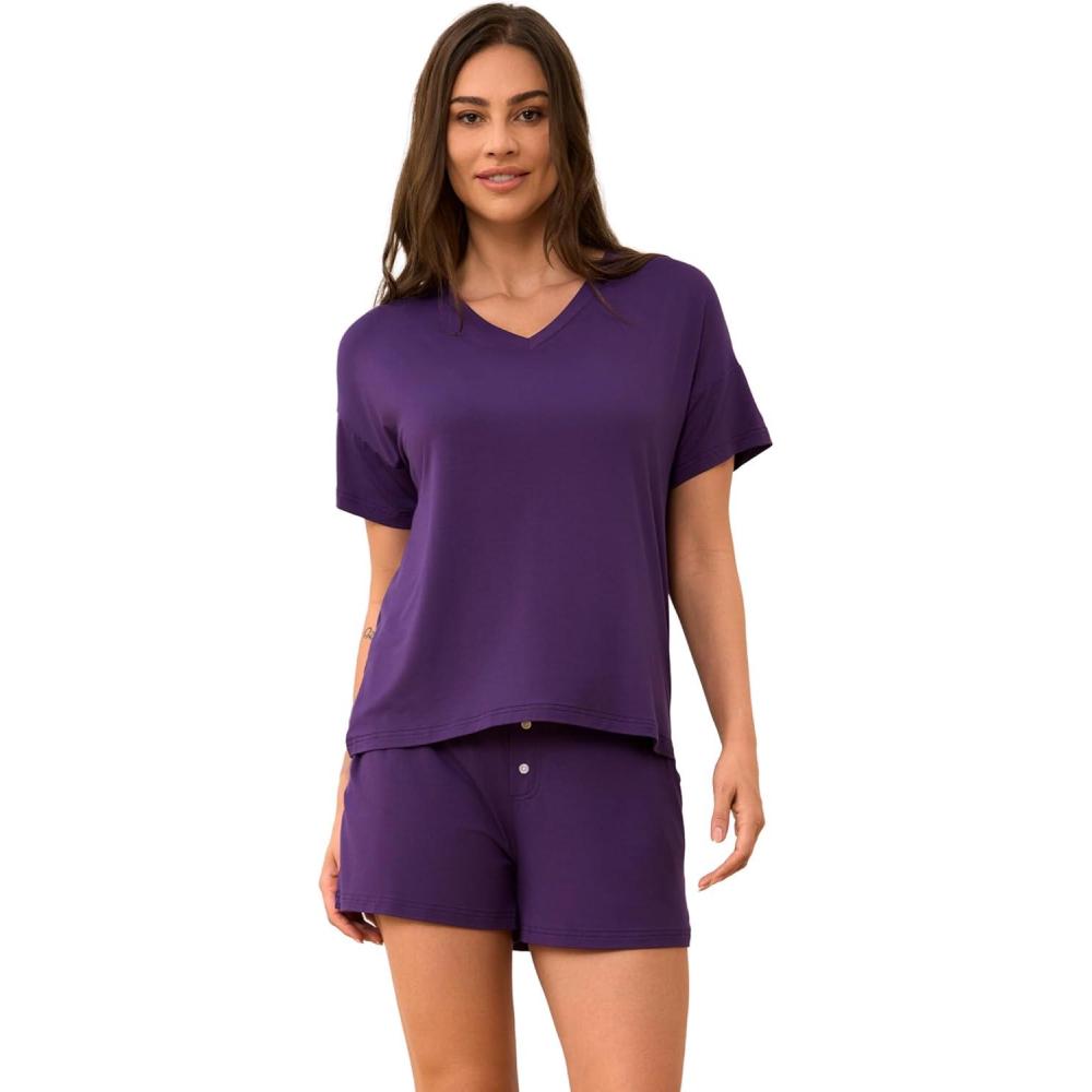 imageLazyCozy Striped Pajama Set for Women Viscose Made from Bamboo Short Sleeve Shirt with Sleep Shorts Soft PJ SetPurple