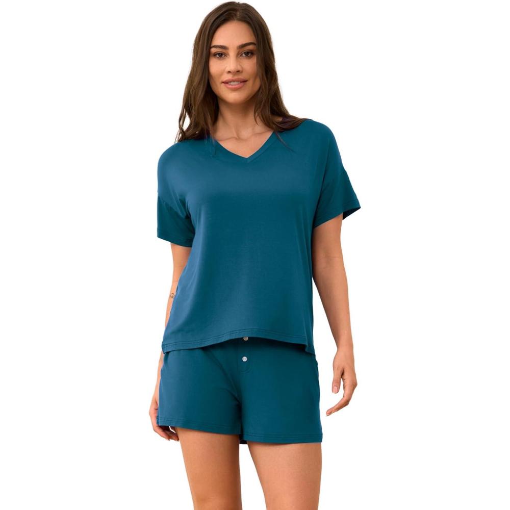 imageLazyCozy Striped Pajama Set for Women Viscose Made from Bamboo Short Sleeve Shirt with Sleep Shorts Soft PJ SetTeal Blue