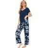 GYS Womens Bamboo Viscose Pajamas Set Super Soft Short Sleeve Top and Pants Pj Sleepwear Sets(Ink Blue Flowers)