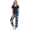 GYS Womens Bamboo Viscose Pajamas Set Super Soft Short Sleeve Top and Pants Pj Sleepwear Sets(Ink Blue Flowers)