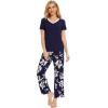 GYS Womens Bamboo Viscose Pajamas Set Super Soft Short Sleeve Top and Pants Pj Sleepwear Sets(Navy Flowers)