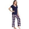 GYS Womens Bamboo Viscose Pajamas Set Super Soft Short Sleeve Top and Pants Pj Sleepwear Sets(Navy Red Plaid)