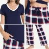 GYS Womens Bamboo Viscose Pajamas Set Super Soft Short Sleeve Top and Pants Pj Sleepwear Sets(Navy Red Plaid)