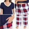 GYS Womens Bamboo Viscose Pajamas Set Super Soft Short Sleeve Top and Pants Pj Sleepwear Sets(White Red Plaid)