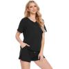 LazyCozy Striped Pajama Set for Women, Viscose Made from Bamboo, Short Sleeve Shirt with Sleep Shorts Soft PJ Set(Black)
