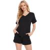 LazyCozy Striped Pajama Set for Women, Viscose Made from Bamboo, Short Sleeve Shirt with Sleep Shorts Soft PJ Set(Black)
