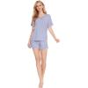 LazyCozy Striped Pajama Set for Women, Viscose Made from Bamboo, Short Sleeve Shirt with Sleep Shorts Soft PJ Set(Blue Stripe)