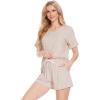 LazyCozy Striped Pajama Set for Women, Viscose Made from Bamboo, Short Sleeve Shirt with Sleep Shorts Soft PJ Set(Camel Stripe)