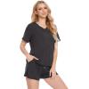LazyCozy Striped Pajama Set for Women, Viscose Made from Bamboo, Short Sleeve Shirt with Sleep Shorts Soft PJ Set(Charcoal)