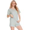 LazyCozy Striped Pajama Set for Women, Viscose Made from Bamboo, Short Sleeve Shirt with Sleep Shorts Soft PJ Set(Green Stripe)