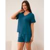 LazyCozy Striped Pajama Set for Women, Viscose Made from Bamboo, Short Sleeve Shirt with Sleep Shorts Soft PJ Set(Teal Blue)