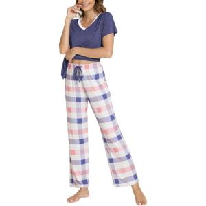 GYS Womens Bamboo Viscose Pajamas Set Super Soft Short Sleeve Top and Pants Pj Sleepwear Sets(Blue Plaid)