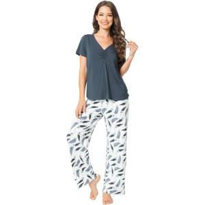 GYS Womens Bamboo Viscose Pajamas Set Super Soft Short Sleeve Top and Pants Pj Sleepwear Sets(B-midnight Blue)