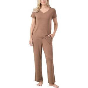 GYS Womens Bamboo Viscose Pajamas Set Super Soft Short Sleeve Top and Pants Pj Sleepwear Sets(Camel)