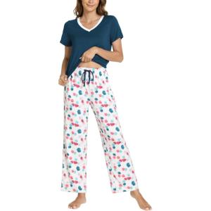 GYS Womens Bamboo Viscose Pajamas Set Super Soft Short Sleeve Top and Pants Pj Sleepwear Sets(Deep Pink Dots)