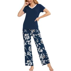 GYS Womens Bamboo Viscose Pajamas Set Super Soft Short Sleeve Top and Pants Pj Sleepwear Sets(Ink Blue Flowers)